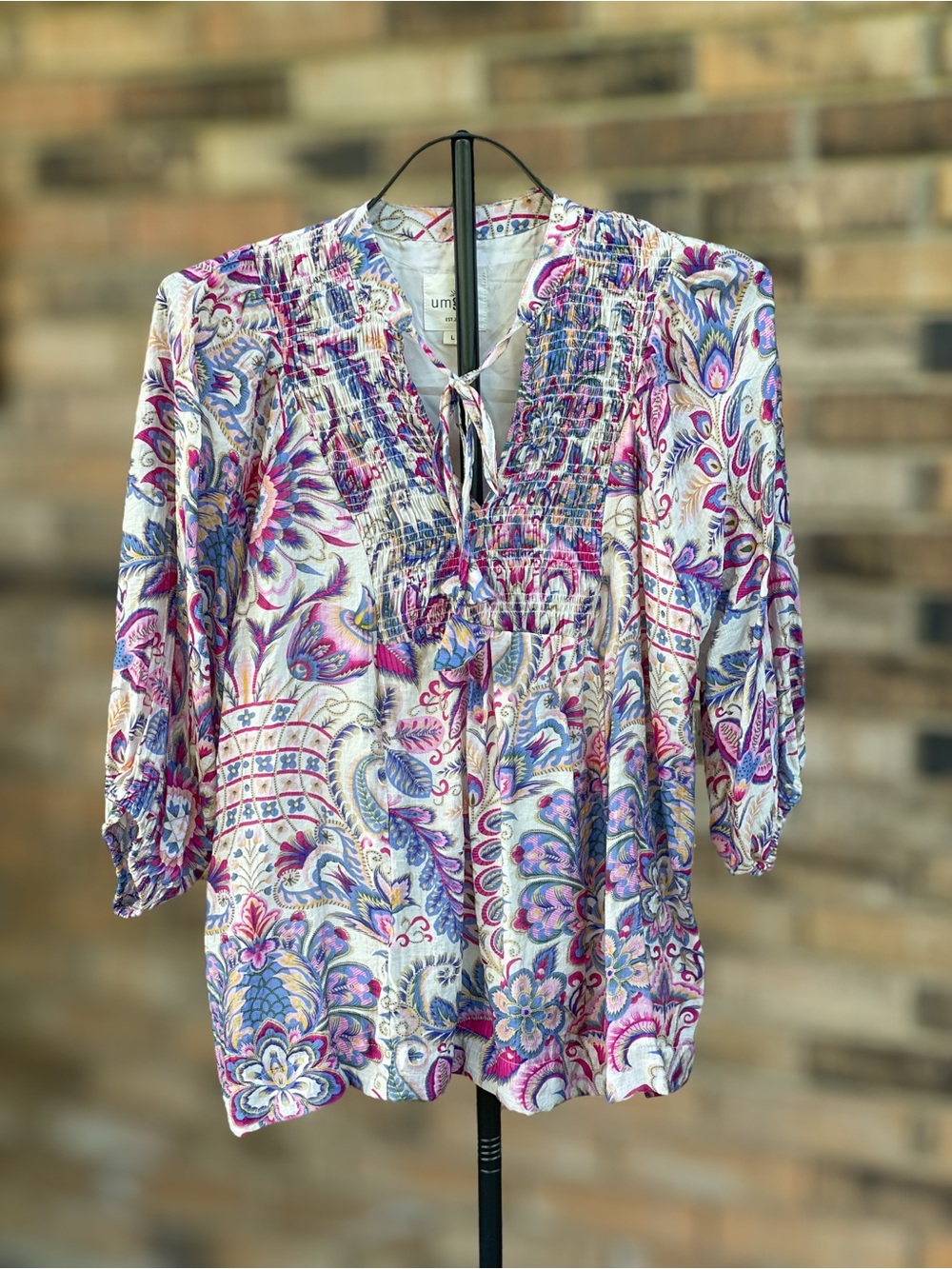 Umgee Large Floral Paisley Smocked V Neck Blouse Boho 3/4 Sleeve